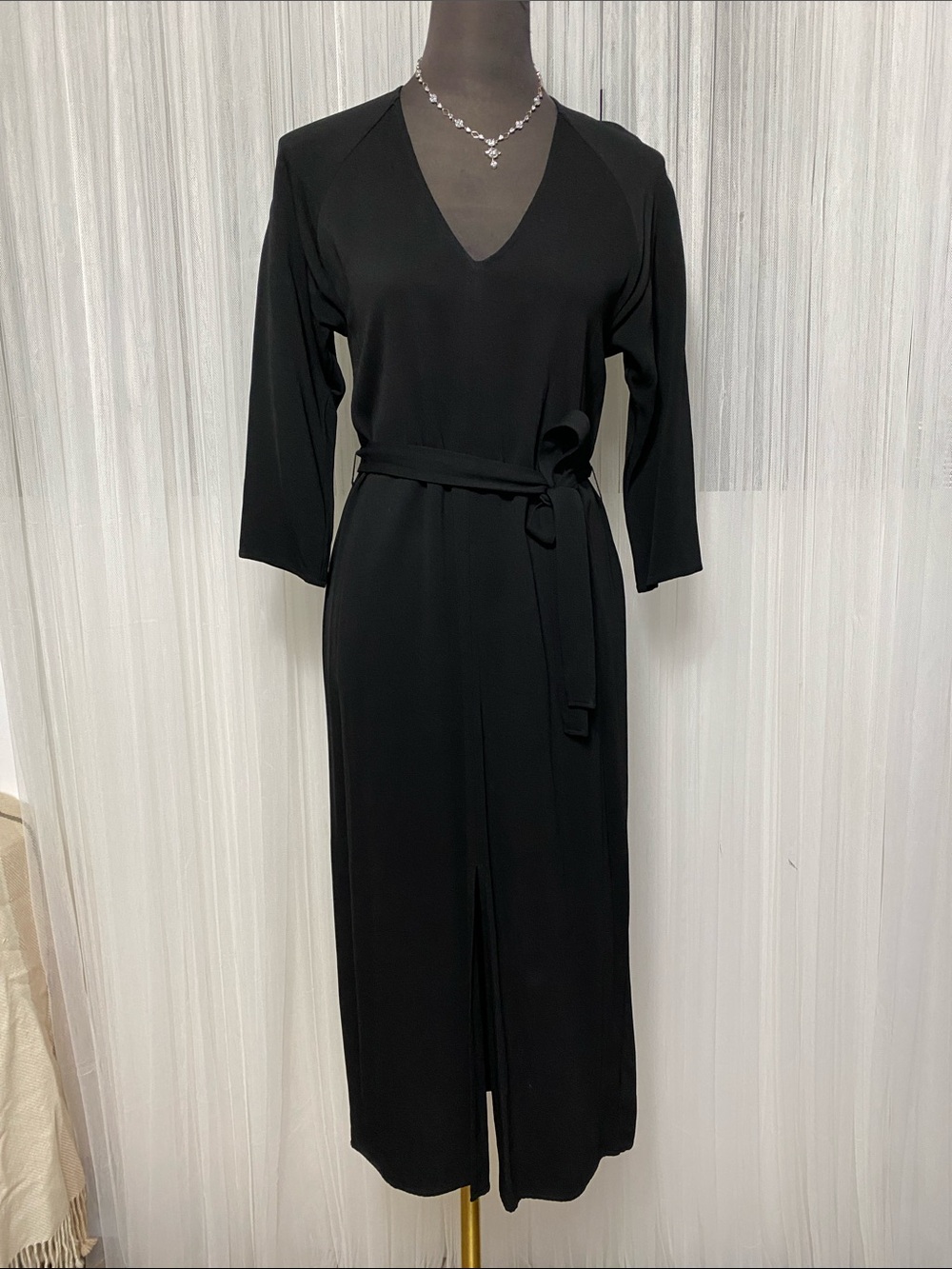 James Perse Knit Jersey Black V-Neck Belted Midi Dress Front Slit 3/4 Sleeves